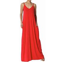 Themogan Women's Casual V-Neck Draped Jersey Cami Long Maxi Dress W Pocket Summer Beach Red M