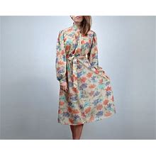 1970S Sheer Floral Dress - Medium To Large | Vintage See Through Beige Long Sleeve Sundress, M L