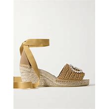 Gucci Cora Crystal-Embellished Canvas And Raffia Espadrille Wedge Sandals - Women - Sand Sandals - IT37
