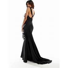 JARLO V Back Satin Maxi Dress With Fishtail In Black