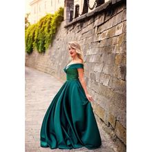 Green Off Shoulder Evening Dress, Bridesmaid Dress With Satin Skirt And Glitter Corset, Individual Tailoring Of An Elegant Dress