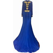 Hebeos Formal Wedding Special Occasion Long Train Embroidered Dress L Blue/Gold