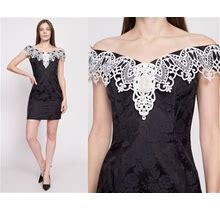 80S Gunne Sax Jacquard & Lace Party Dress Small To Petite Medium | Vintage Black White Off Shoulder Sweetheart Neck Lace Trim Mini Dress