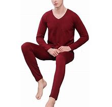 Frontwalk Men Long Johns Set 2 Pieces Thermal Underwear V Neck Top And Bottom Suits Fall Sleepwear Sleeve Wine Red XL