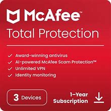Mcafee Total Protection 2024 | 3 Device | Cybersecurity Software Includes Antivirus, Secure VPN, Password Manager, Dark Web Monitoring | Download
