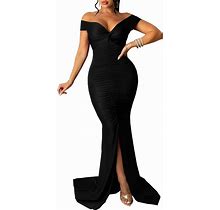 Sexy Formal Dress For Women Ruched Off Shoulder Club Cocktail Bodycon Evening Gown Maxi Long Dresses