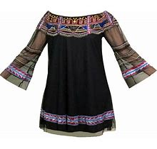 Off-Shoulder Black Boho A-Line Mini Dress W/ Beaded, Embroidered &