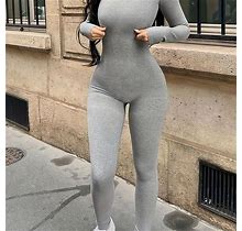 Solid Color Jumpsuit, Women's Crew Neck Slim Spring Fall Women's Clothing Long Sleeve Jumpsuit,Grey,Must-Have,Temu