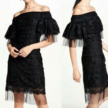 Costarellos Off Shoulder Embroidered Tulle Sheath Dress Black Size Xs