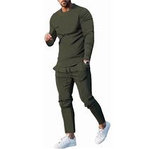 Colisha Mens 2 Pieces Outfits Long Sleeve Tracksuit Set Solid Color Jogger Sets Casual Gym Crew Neck Top And Pants Army Green S