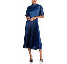 Amsale Women's Blue Satin Fan Pleated Midi Dress