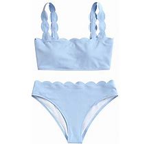 Zaful Womens Scalloped Textured Swimwear High Waisted Wide Strap Adjustable Back Laceup Bikini Set Swimsuit M Sky Bluec, Sky Blue-C, Medium