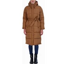 Sebby Collection Women's Long Puffer Jacket With Hood And Belt - Duck Brown