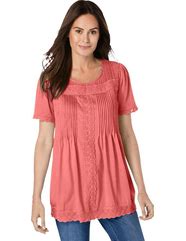 Image result for Womens Plus Short-Sleeve Lace Overlay Tunic, Raspberry Sorbet Pink XL