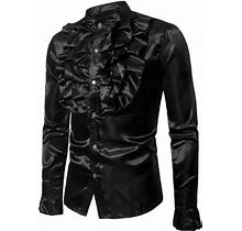 Centuryx Men Satin Ruffle Shirts Long Sleeve Stand Collar Solid Color Slim Fit Dress Shirt Party Clothes Black L