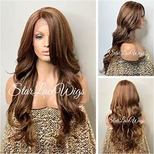 Lace Front Wig Long Synthetic Strawberry Blonde Auburn Brown Highlights Side Part Layers Bangs Loose Curls Heat Resistant Wigs For Women