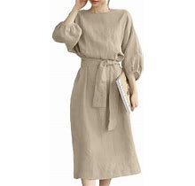Daeful Women Midi Dress Cotton Linen Boho Dresses Tie Waist Summer Solid Color Flowy 3/4 Sleeve Khaki M