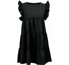 Gdreda Womens Summer Dresses Casual Round Neck Short Sleeve Solid Color Cute Dress Female Simple Exquisite Design Black,M
