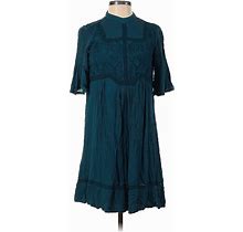 Meadow Rue Casual Dress - A-Line Mock 3/4 Sleeves: Teal Print Dresses - Women's Size 2