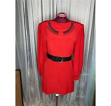 Vintage 1980S Shift Dress Embroidered Collar Red Black Shoulder Pads