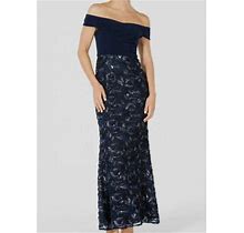 $ 412 Adrianna Papell Women's Blue Off-The-Shoulder Gown Dress Petite
