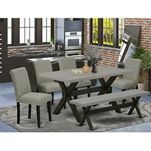 East West Furniture White X696ab106-6 6-Pc Kitchen Table Set - 4 Dining Chairs A Dining Bench Cement Top And 1 Modern Cement Dining Table Top With Hig