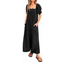 KIRUNDO Women 2024 Summer Maxi Dress Casual Loose Puff Sleeve Square Neck Maternity Flowy Long Beach Dresses With Pockets