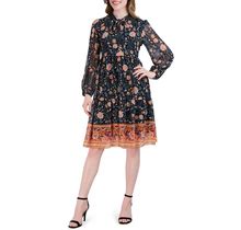 Robbie Bee Long Sleeve V-Neck A-Line Floral Print A-Line Dress, Womens, L, Navy/Multi