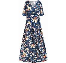 Medium Petite Womens Strechy Low V- Neckline With Short Sleeve Dress Midnight Blue Magnolia Print A Line Sleek Maxi Dress
