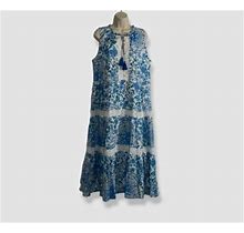 $380 Johnny Was Women's Blue Linen Floral Tassel Tie Midi A-Line Dress
