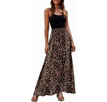 Womens Dress Leopard Printed Long Sleeve Summer Beach Pleated Elastic High Waisted Maxi Dresses For Women