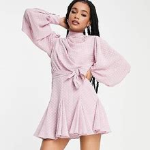 ASOS DESIGN Petite High Neck Pleated Mini Dress With Godet Detail In Pink - Pink (Size: 4)