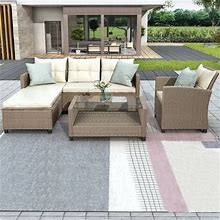 Patio Furniture Outdoor Sets,4 Piece Conversation Set Wicker Ratten Sectional Sofa With Seat Cushion,Tempered Glass Coffee Table Beige / United States