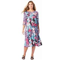 Plus Size Women's Ultrasmooth® Fabric Boatneck Swing Dress By Roaman's In Ocean Paisley Garden (Size 30/32) Stretch Jersey 3/4 Sleeve Dress