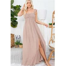 Sand Ruffle Sleeve Solid Smocked Long Full Length Relaxed Fit Maxi Casual Dress
