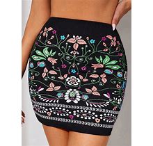 Women's Flower Print Slim Fit Skirt,Tall L