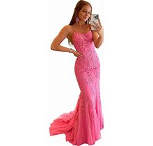 Clothfun Women's Long Lace Prom Dresses Mermaid Spaghetti Straps Backless Formal Evening Gowns