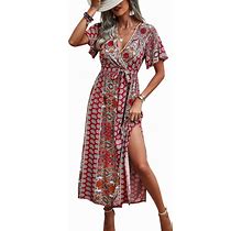 CCTOO Women's Summer Maxi Dress Casual Boho Floral Wrap V Neck Short Sleeve Ruffle Split Flowy Long Beach Dresses With Belt