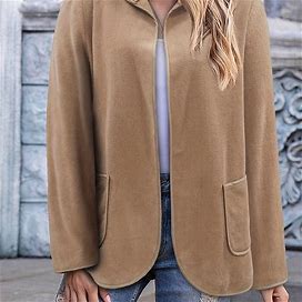 Plus Size Casual Coat, Women's Plus Solid Fleece Long Sleeve Hooded Coat With Pockets,Khaki,Must-Have,Temu