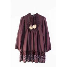 Fur Pom Pom Embroidered Lace Burgundy Long Sleeve Bow Babydoll Dress