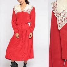 Lace Collar Dress 80S Red Midi Dress Pleated Secretary 1980S Button Up Vintage Slouchy Long Sleeve Blouson Shirtwaist Small 4