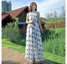 Women Casual Polka Dots Chiffon Maxi Dress Sleeveless Halter Summer