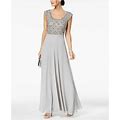 Nwt $340 Jkara Women's Gray Sequined Empire-Waist Cap-Sleeve Gown Dress Size 14