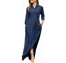 Utcoco Womens Casual Button Down Denim Maxi Dress Lapel Long Sleeve Long Jean Dresses With Pockets