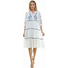 Women's Figueroa & Flower V-Neck Embroidered Midi Dress, Size: Small, White