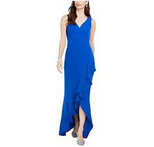 Adrianna Papell Womens Blue Slitted Sleeveless V Neck Full-Length Formal Sheath Dress 0