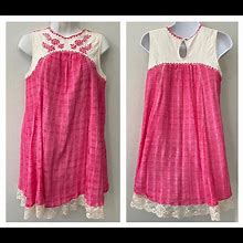 Free People Dresses | Free People Hot Pink Embroidered Babydoll Dress With Lace Hem | Color: Cream/Pink | Size: Xs