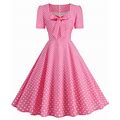 Gdreda Summer Dress Women's Square Neck Short Sleeved Bow Dots Vintage Dress Hot Pink,S