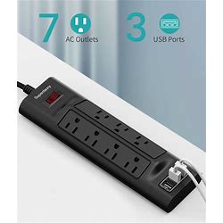 SUPERDANNY Surge Protector Power Strip With USB 9.8ft Outlet Strip 7 AC 3 USB 1050 Joules Desktop Extension Cord Wall Mountable For Home Office Black