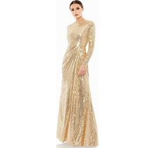 Women's Sequined High Neck Long Sleeve Draped Gown - Gold